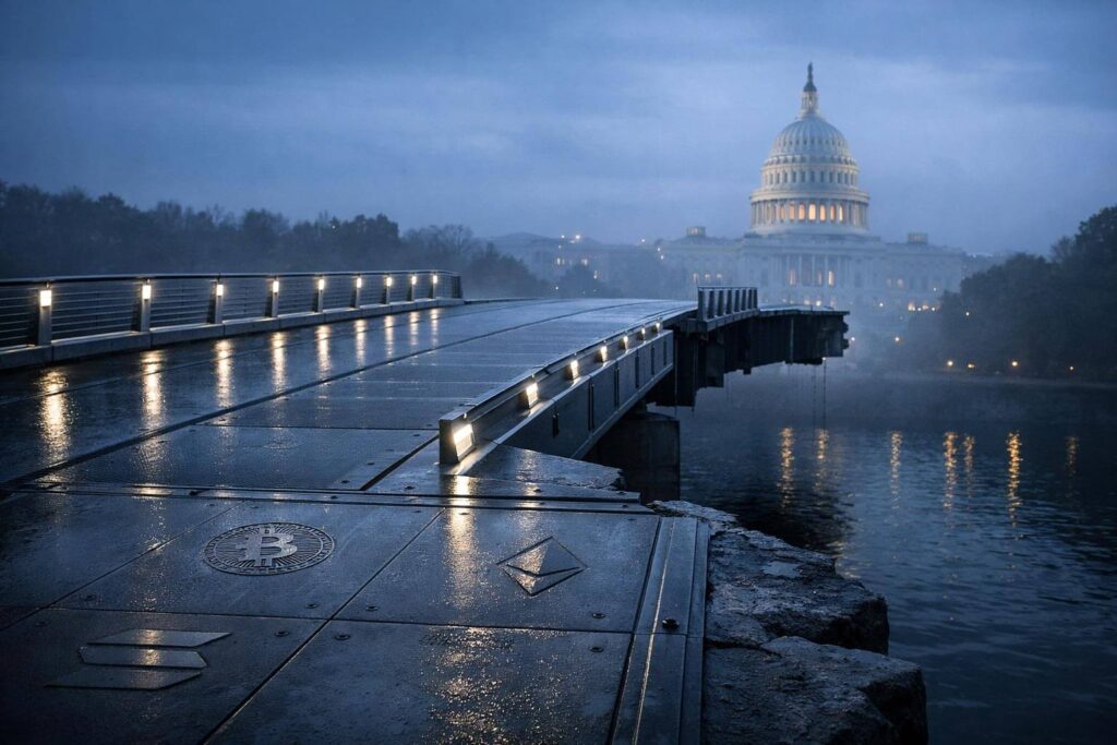 Crypto finally got SEC clarity. Why didn’t the market care? Broken bridge leading toward the U.S. Capitol with Bitcoin and Ethereum symbols embedded in the path, symbolizing limited SEC clarity and ongoing market distrust without Congress